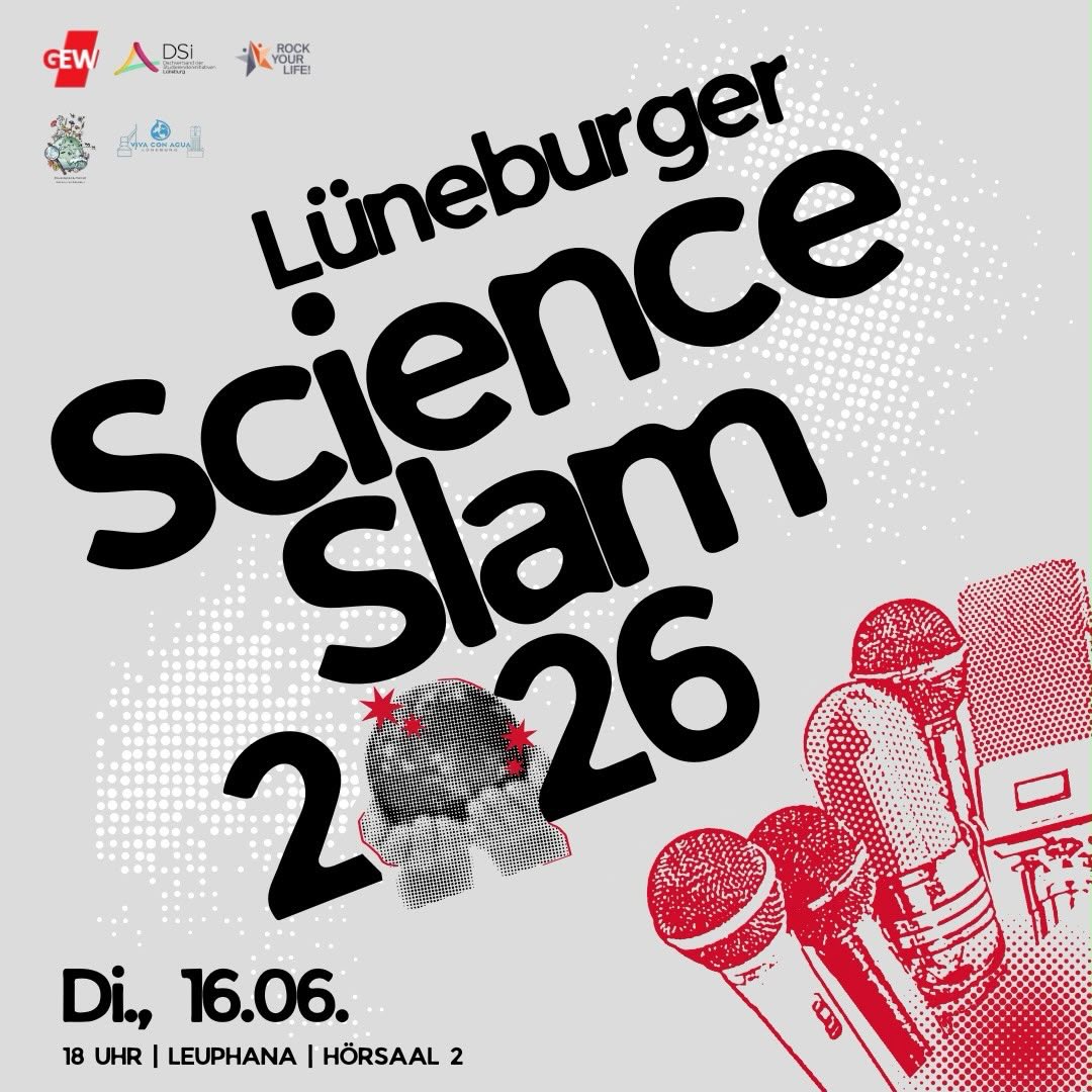 Forschung ist öde und trocken? 📚
Nicht beim SCIENCE SLAM! 🪅

Am Dienstag, den 16. Juni ist es wieder so weit: Vier Slammer:innen batteln sich auf der Bühne um den Hauptpreis. Vertreten sind Leuphana-Forschende von VWL über Schulpädagogik hin zu Psychologie, die ihre Themen mit Witz und Geschick präsentieren. Am Ende entscheidet das Publikum, wer gewinnt. 

Zwischen den Slams haben wir ein feines Rahmenprogramm für euch auf die Beine gestellt, lasst euch überraschen! Snacks, Getränke und Kunst gibt’s in der Pause auch :) 

📍Hörsaal 2, Leuphana Universität
⏰ Einlass 18:00, Beginn 18:15